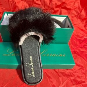 Lauren Lorraine Black Fur Slippers